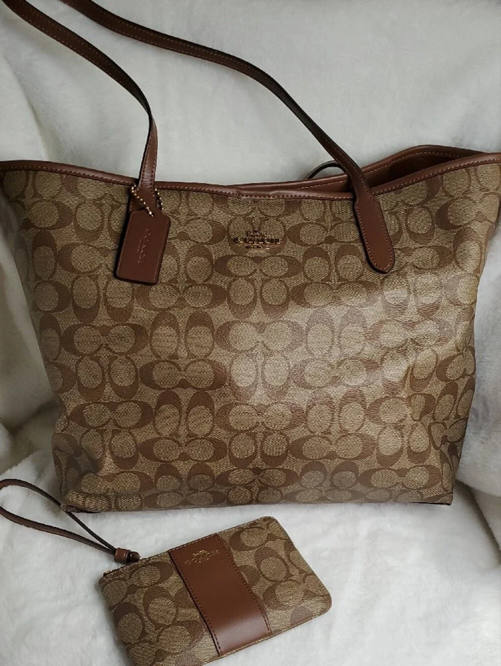 Coach Brown Signature Canvas Tote with Matching Wristlet